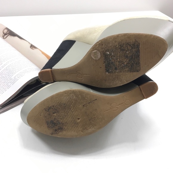 Jessica Simpson | Gold Black Color Block Wedges - Picture 7 of 7